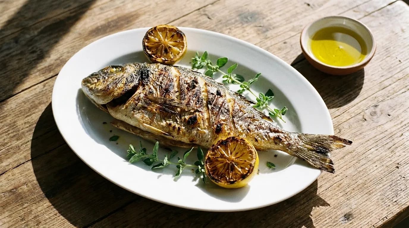 A whole grilled fish on a plate with lemon halves and a scattering of herbs beside a small dish of oil