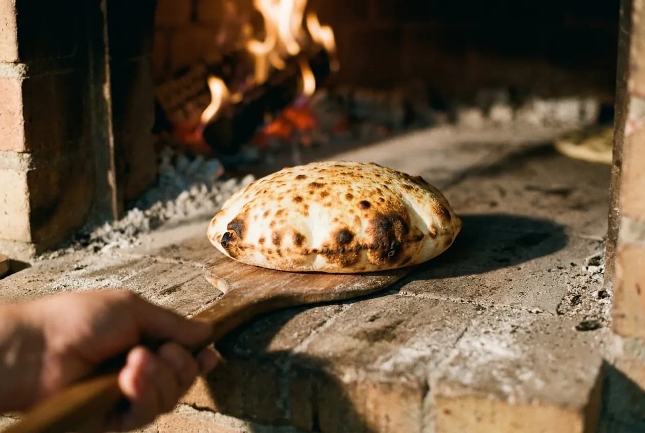 A round flatbread puffing on the floor of a hot oven, blistered on top and darkened in patches at the edges