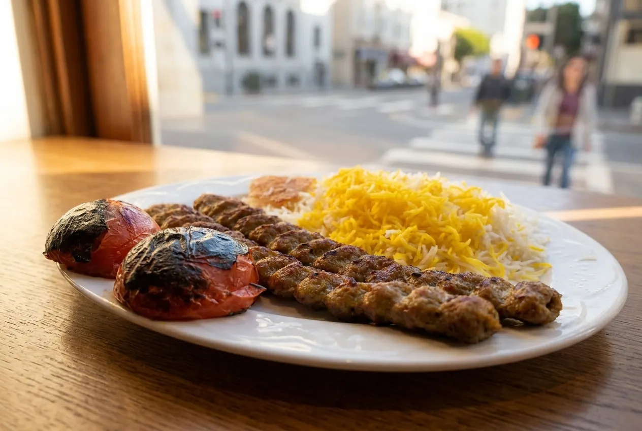 A plate of grilled kebab with saffron rice and grilled tomato