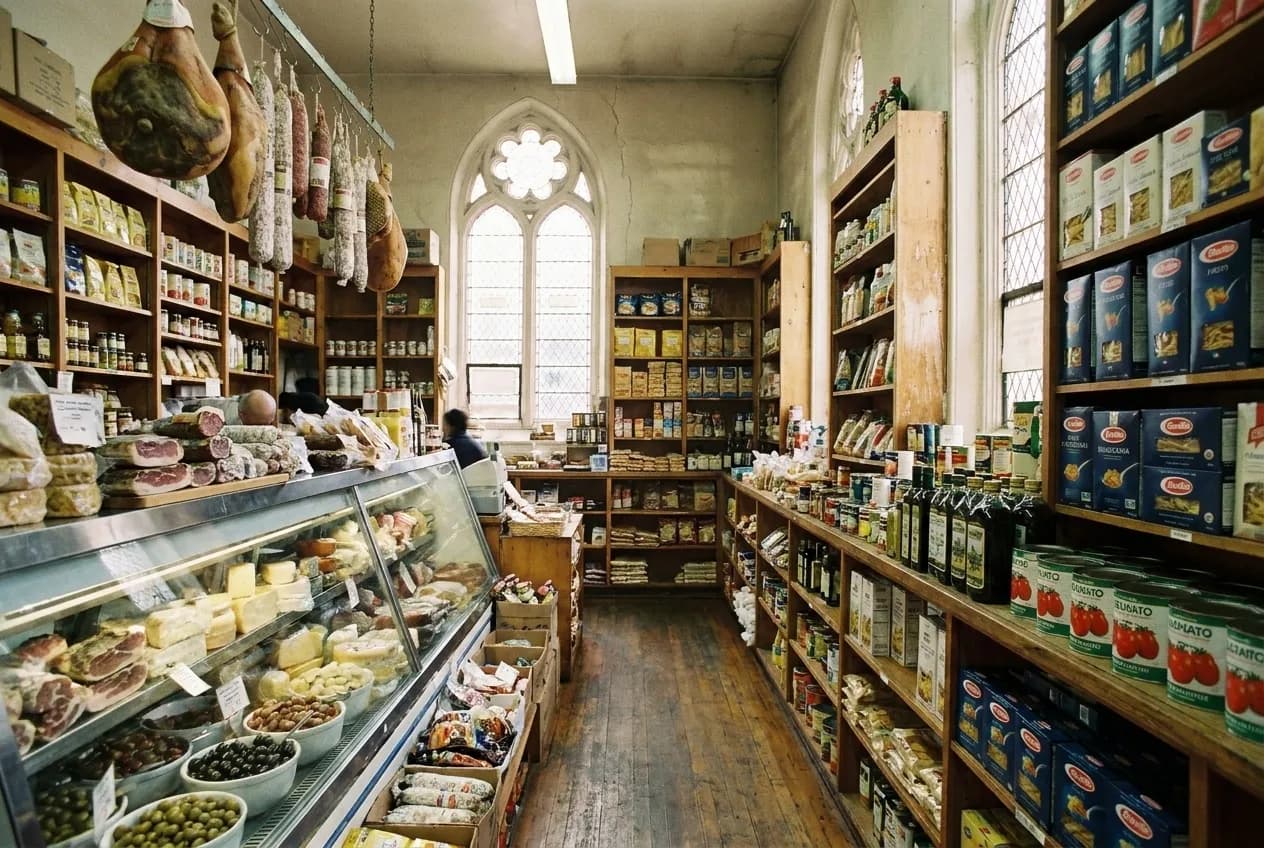 The inside of a small Italian grocery with packed shelves floor to ceiling, a chilled counter along one side and hanging goods above it