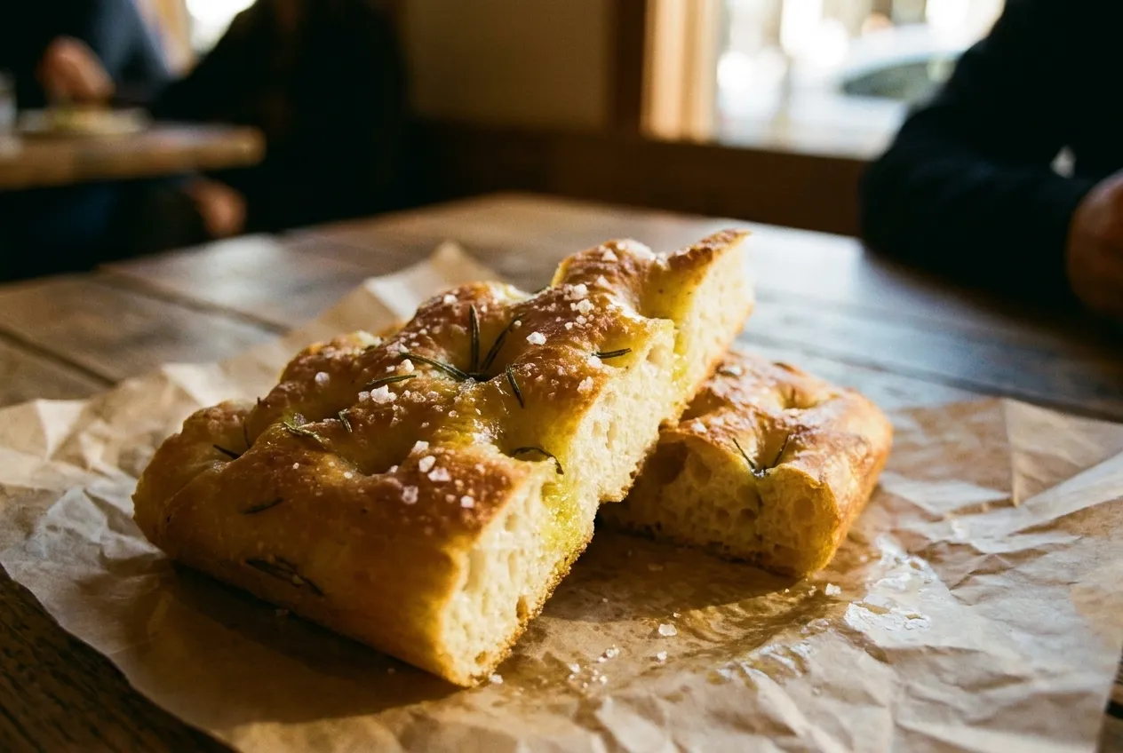 A thick slab of dimpled focaccia glossed with olive oil and flecked with salt, cut and photographed close on paper