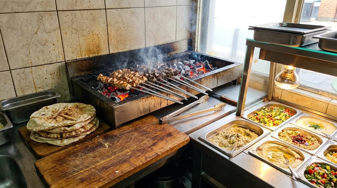 A charcoal grill behind a counter with skewers over the coals, flatbread stacked on a wooden board and a row of steel mezze trays cooling under a service lamp