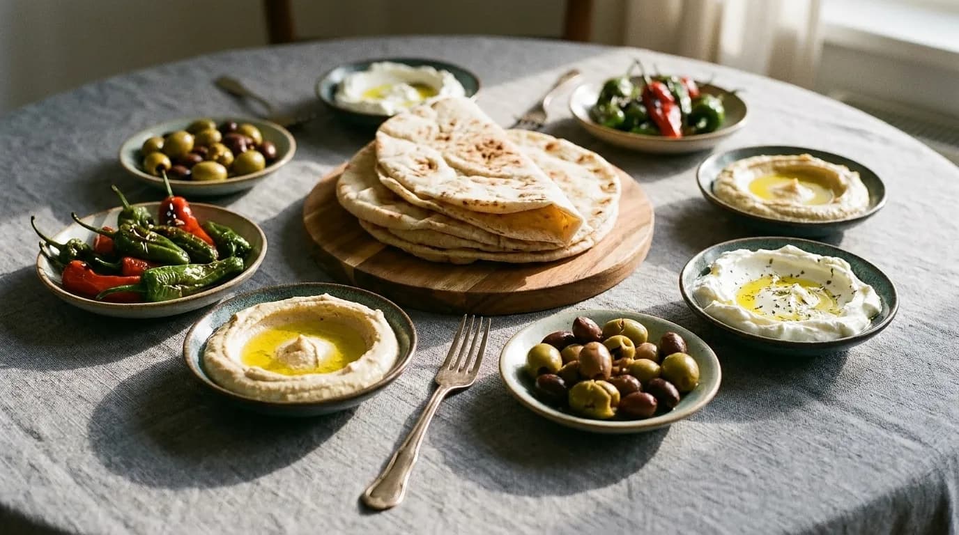 A round table crowded with small dishes — hummus with a well of olive oil, charred peppers, labneh, olives and a folded stack of warm flatbread in the middle
