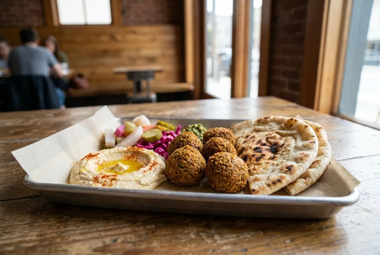 A plate of falafel, pickles and flatbread on a paper-lined tray