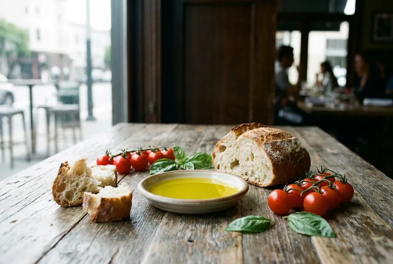 A rough wooden table with torn bread, a shallow dish of olive oil and a scatter of tomatoes and herbs, lit from one side