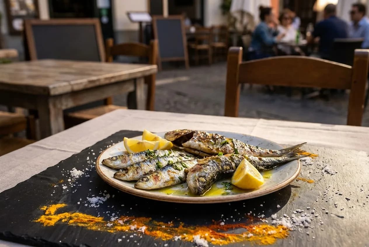 A plate of grilled fish with lemon and olive oil on a pale linen tablecloth