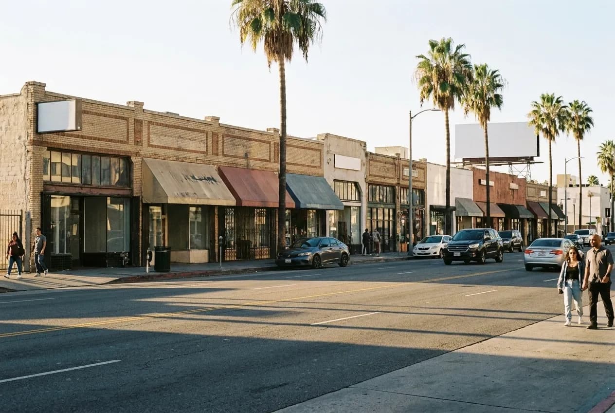A row of low storefronts on a wide Los Angeles boulevard in afternoon light