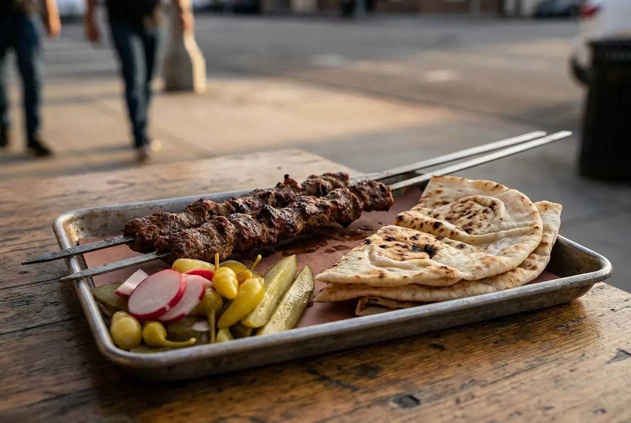 Grilled kebab, flatbread and pickled vegetables on a metal tray
