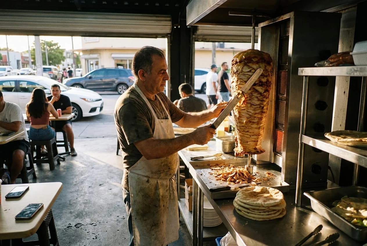 Cook carving shawarma slices from vertical spit at counter, meat falling onto pita