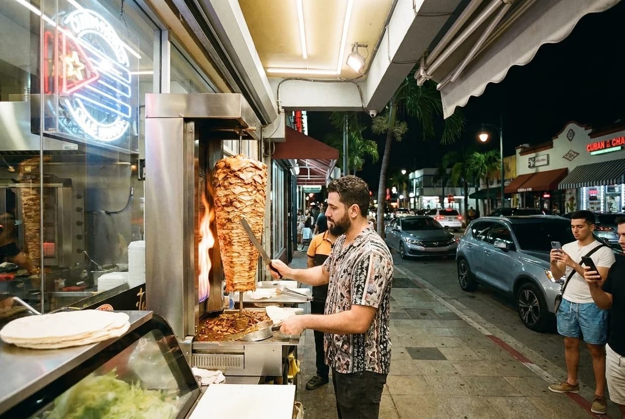 Vertical shawarma spit turning under flame at night on Calle Ocho, Little Havana