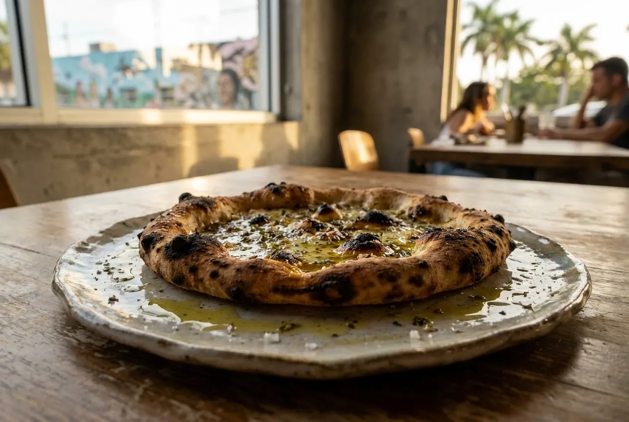 A wood-fired flatbread with charred edges, olive oil pooling, fresh herbs scattered across a ceramic plate, warm restaurant lighting in background.