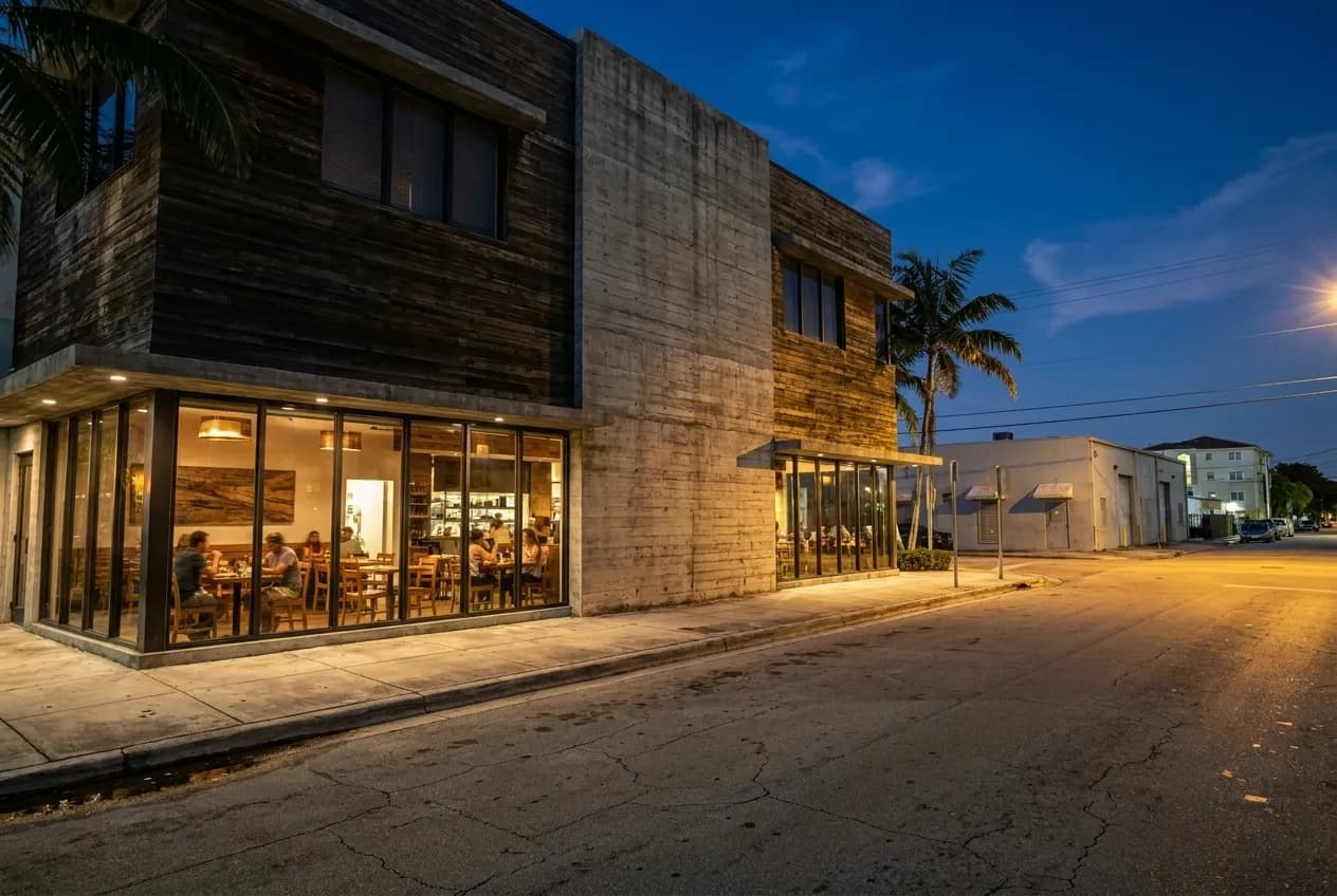 A warm-lit, warehouse-style restaurant exterior in Little River at dusk, palm shadows on concrete, soft glow from interior windows, quiet residential street.