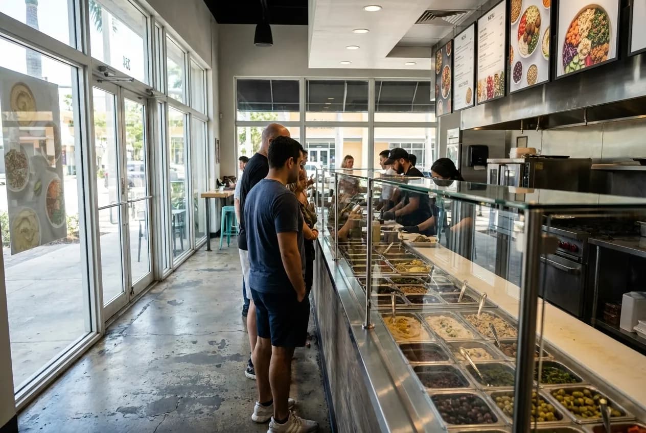 A clean counter-service line with stainless steel prep stations and glass-fronted displays of hummus, falafel, and mezze bowls under bright overhead lighting in a fast-casual Mediterranean space.