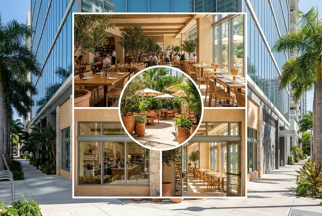 Bright South Florida sunlight falls across a glass-fronted Mediterranean restaurant at street level beneath a modern Brickell high-rise, with wide sidewalks and palm shadows stretching across white stucco.
