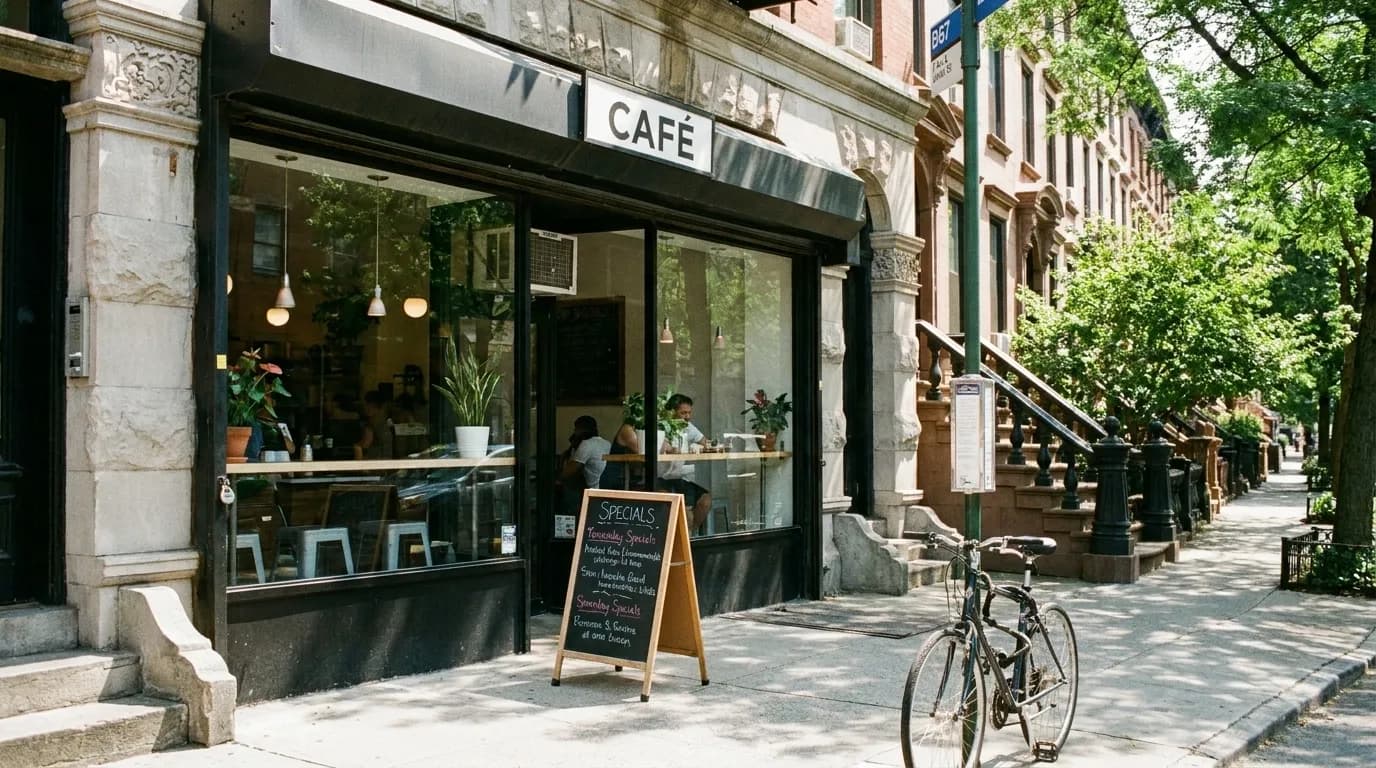 A small Brooklyn storefront restaurant on a residential avenue in daylight, plate-glass window, a chalkboard on the sidewalk and a bicycle locked to a signpost.