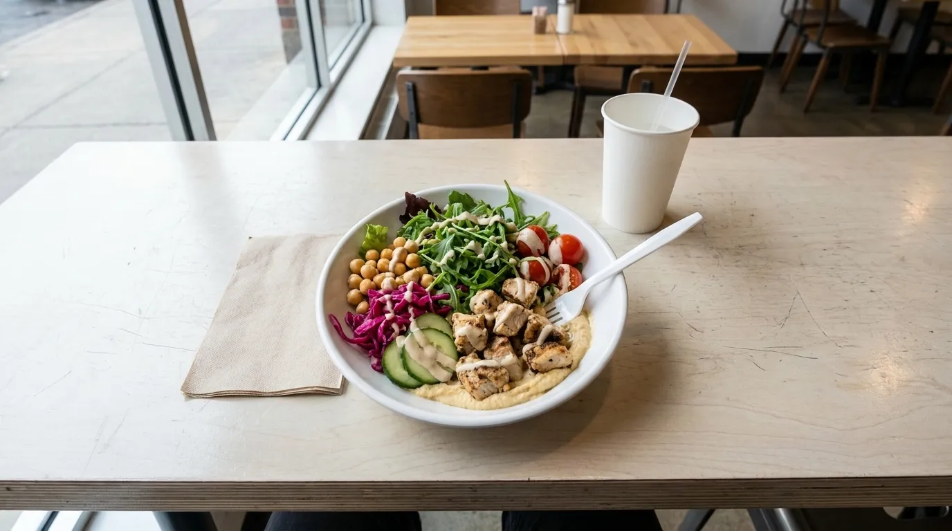 An overhead view of a Mediterranean grain bowl on a pale counter, hummus and greens layered under chickpeas and pickled vegetables, a paper cup of water beside it.