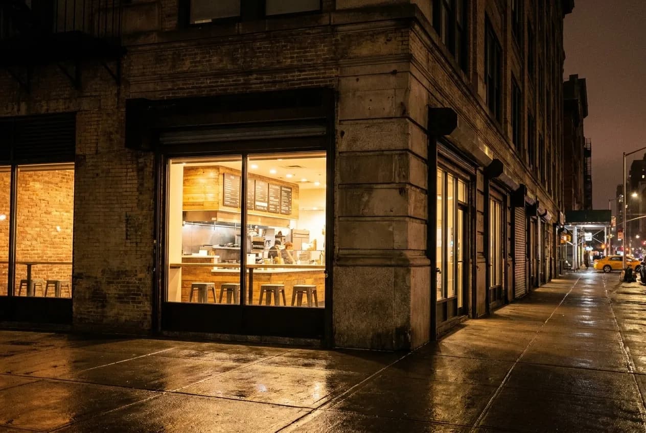 Illuminated Mediterranean restaurant storefront on a Manhattan side street after dark with counter seating visible through large windows.