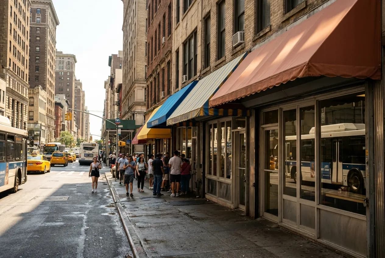 Pedestrians passing narrow Mediterranean counter-service storefronts along a Manhattan avenue at midday with bright awnings and sidewalk exposure.