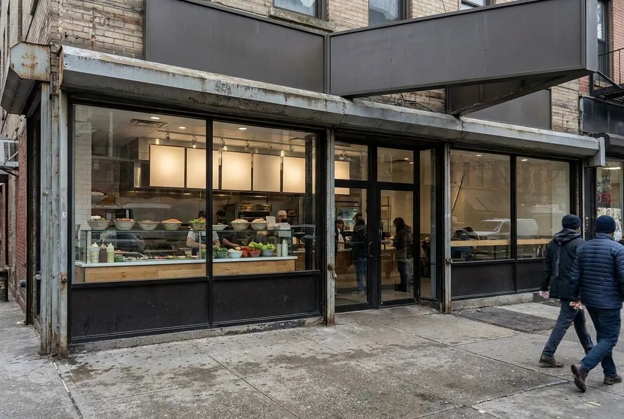 A narrow Manhattan fast-casual storefront with floor-to-ceiling glass, a visible ordering counter, menu boards above the line, and pedestrians passing on a busy commercial avenue.