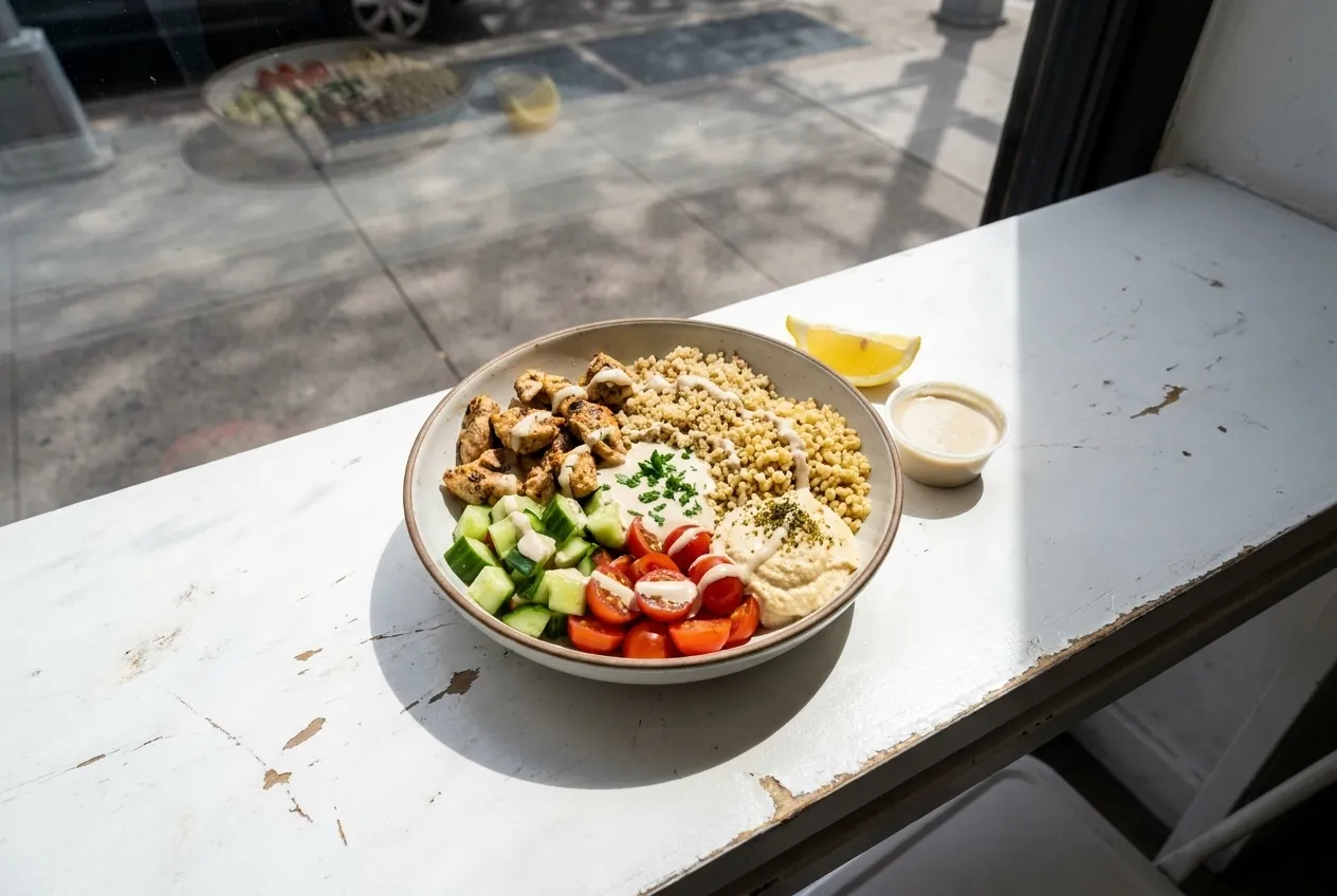 A bright customizable Mediterranean grain bowl with grilled chicken, hummus, chopped cucumber, tomato, pickled turnip, and tahini drizzle on a clean white counter in midday light.