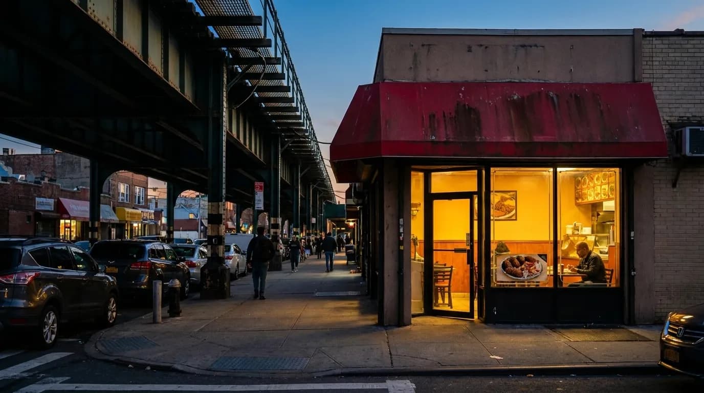 A Queens storefront restaurant on a wide commercial avenue at dusk, red awning over the door, elevated subway tracks casting shadows across the sidewalk.