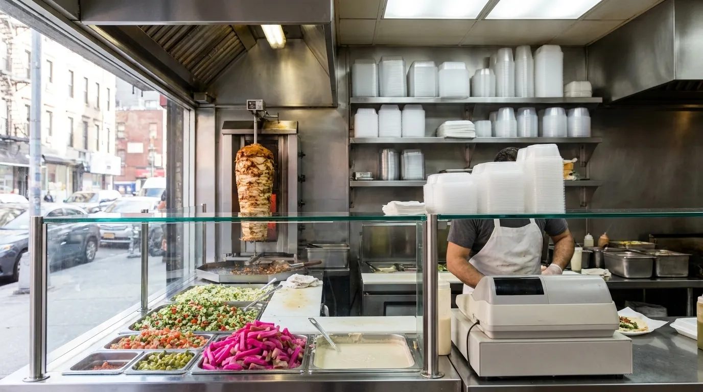 A narrow Middle Eastern takeout counter with a vertical shawarma spit turning behind glass, trays of chopped salad and pickles lined up, and stainless shelving stacked above the register.