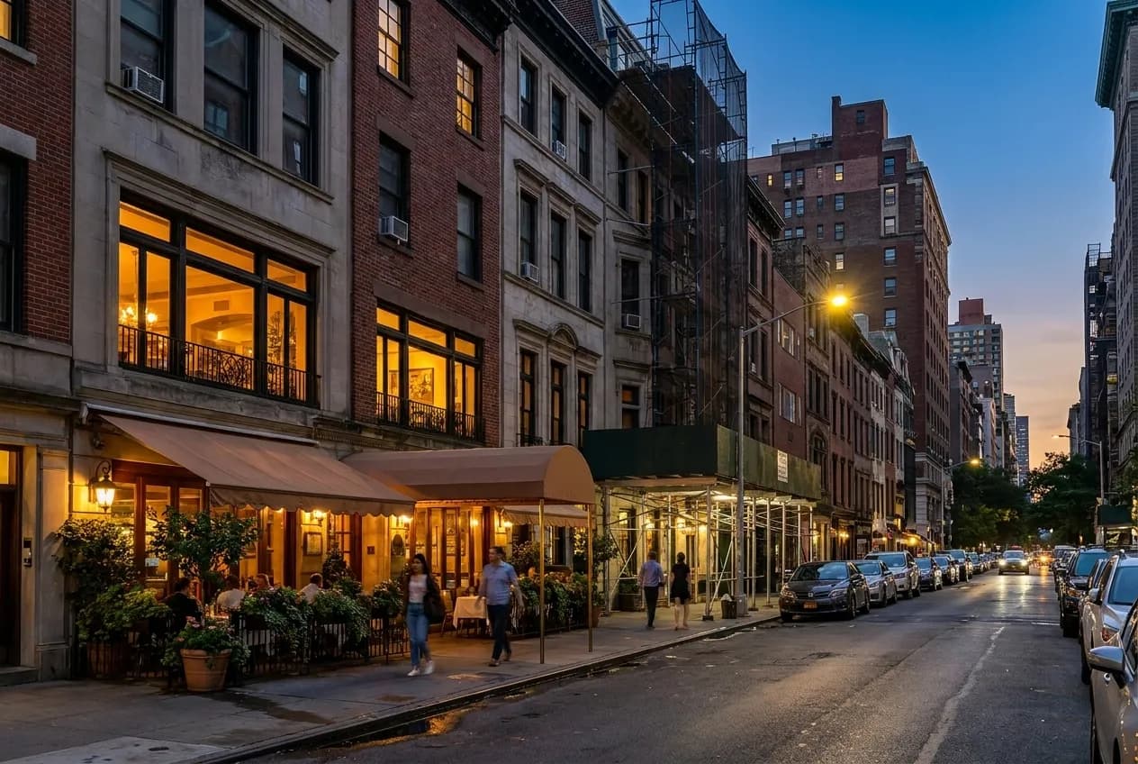 A row of Upper East Side townhouse facades at dusk with restaurant awnings and glowing windows along a narrow sidewalk lined with parked cars