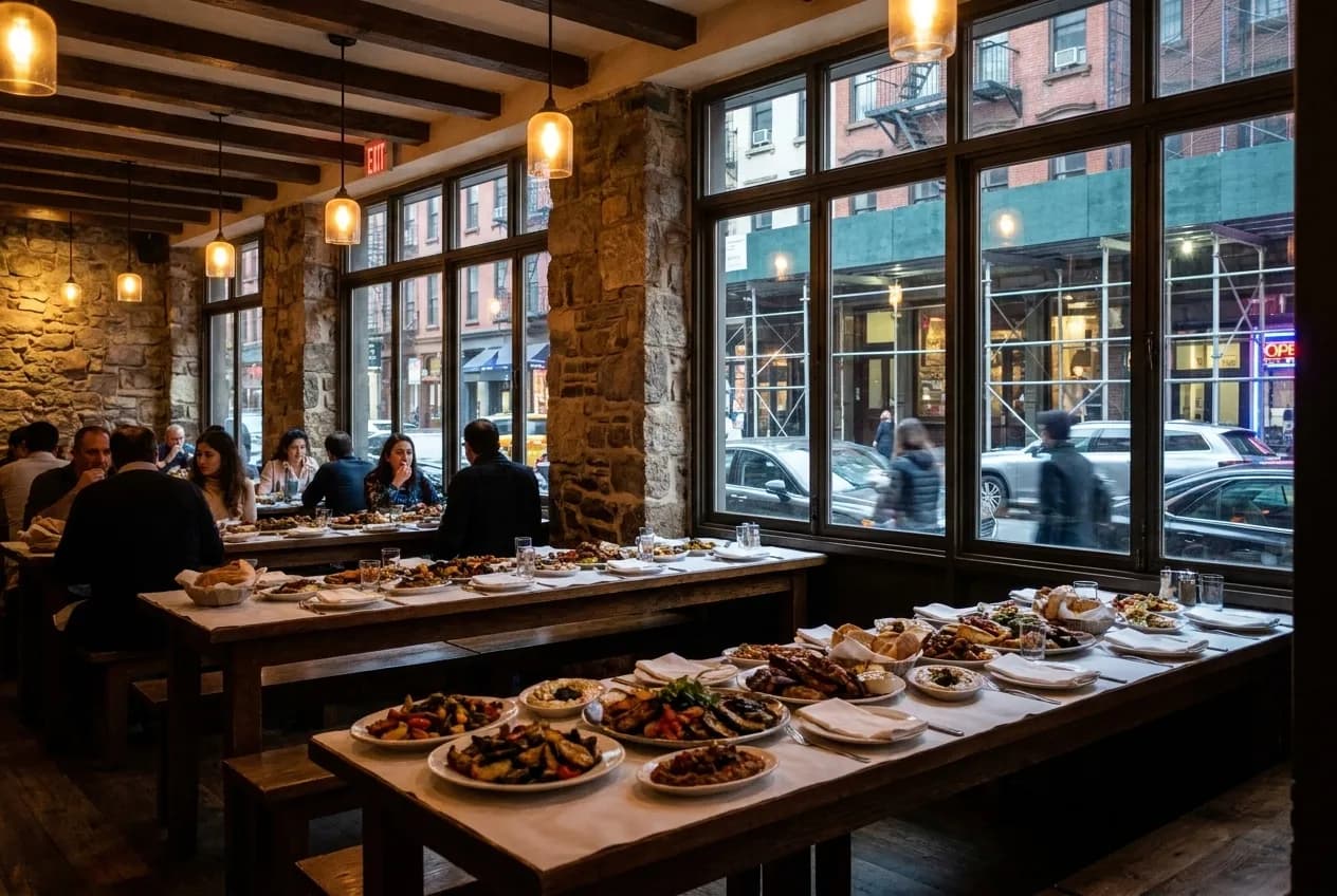 Long communal tables set with white plates and shared platters inside a warm Mediterranean dining room with stone walls and soft evening light in Manhattan