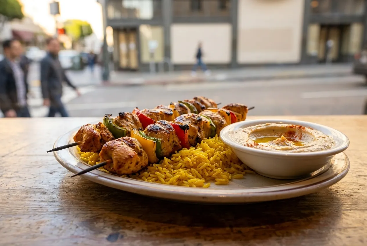 Skewers of grilled marinated chicken over saffron rice with a side of hummus