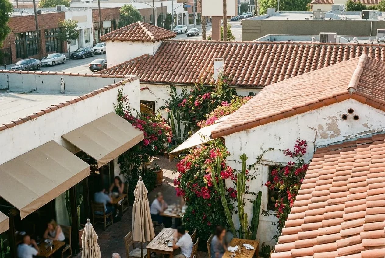 A sunlit restaurant terrace with terracotta tiles and climbing plants in Los Angeles