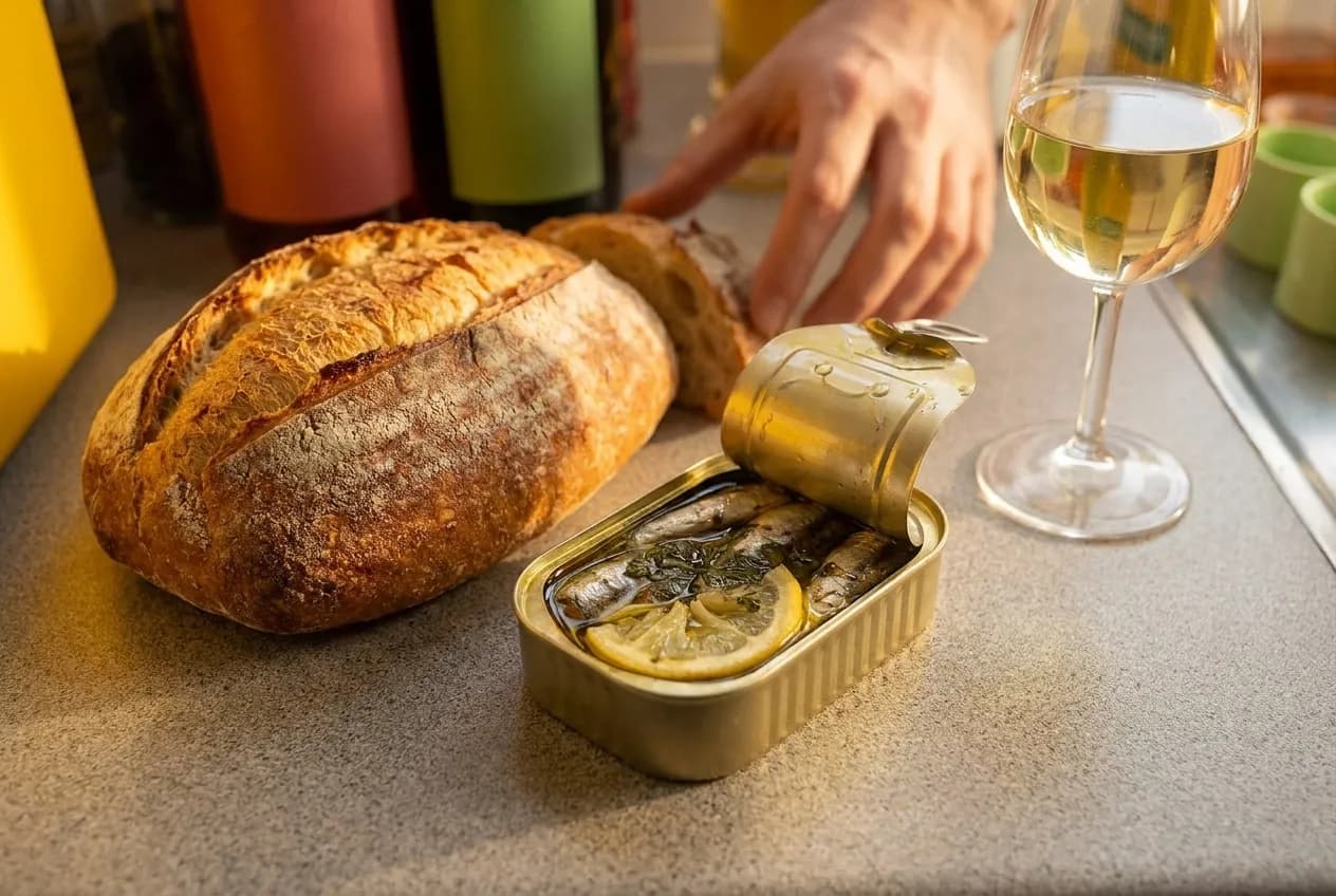 An open tin of marinated fish beside bread and a glass of white wine