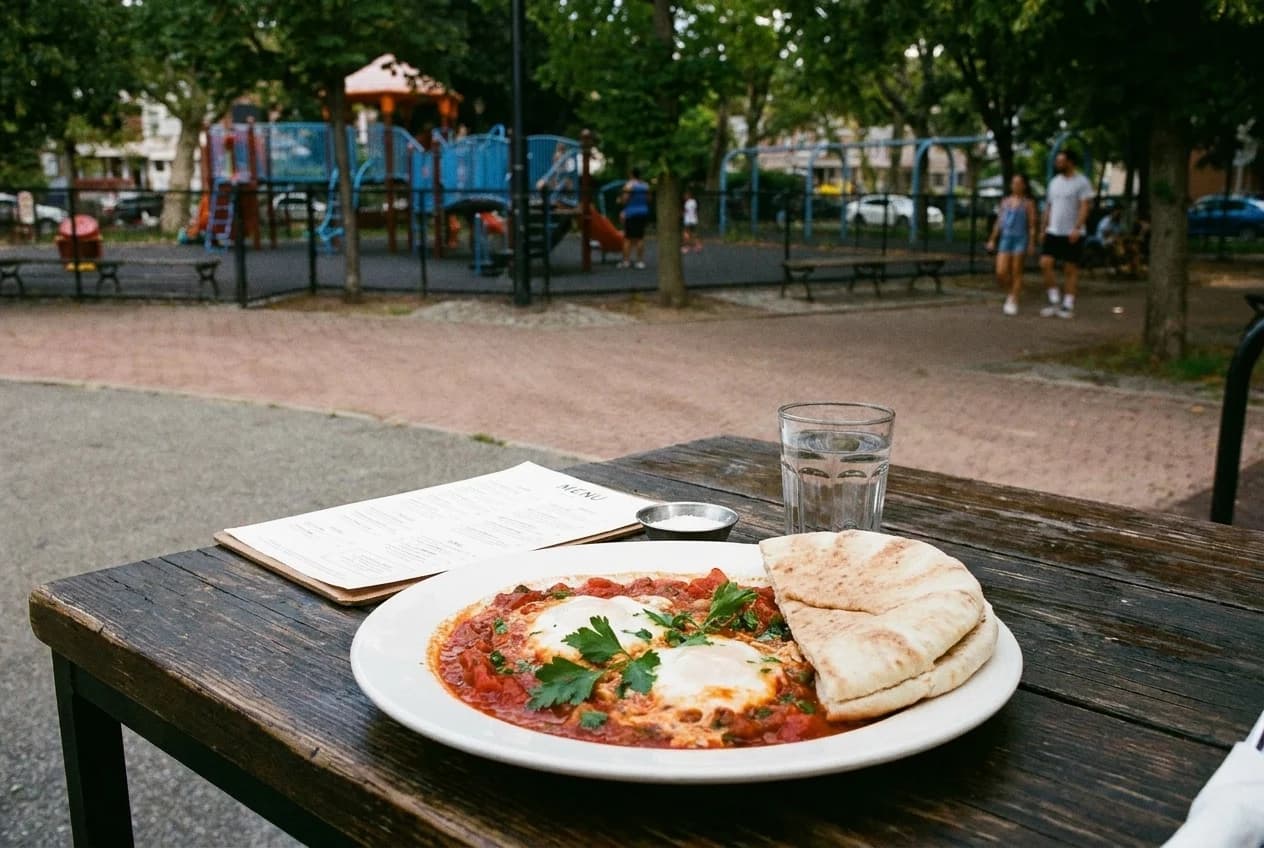 White plate with shakshuka, poached eggs in tomato stew, parsley garnish, and folded pita on dark wood table