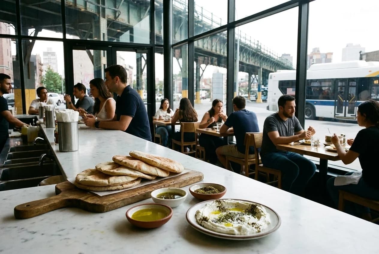 Marble counter with pita bread, olive oil, za'atar bowls, and labneh plate at Levantine restaurant