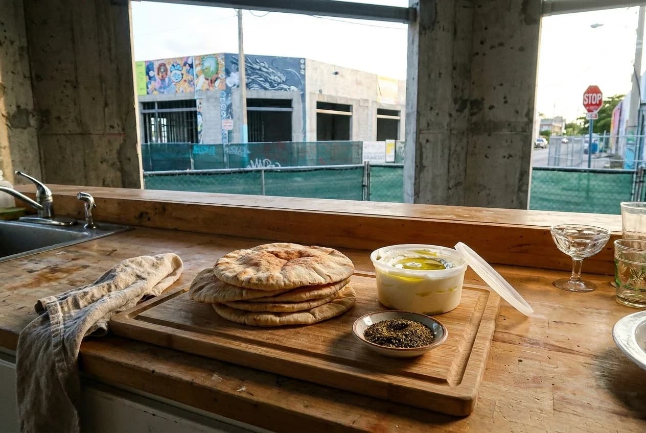 Pita bread, labneh container, and za'atar on a wooden board