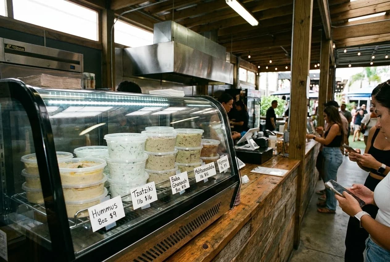 Refrigerated case with labeled mezze containers at a Mediterranean takeaway counter in Wynwood