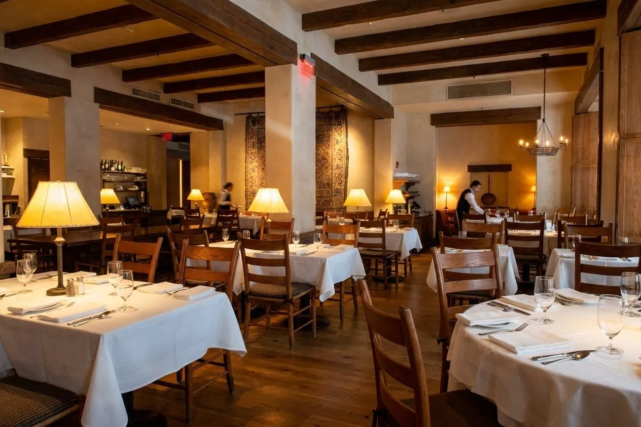 Elegant Mediterranean dining room with warm wood and set tables in San Francisco.