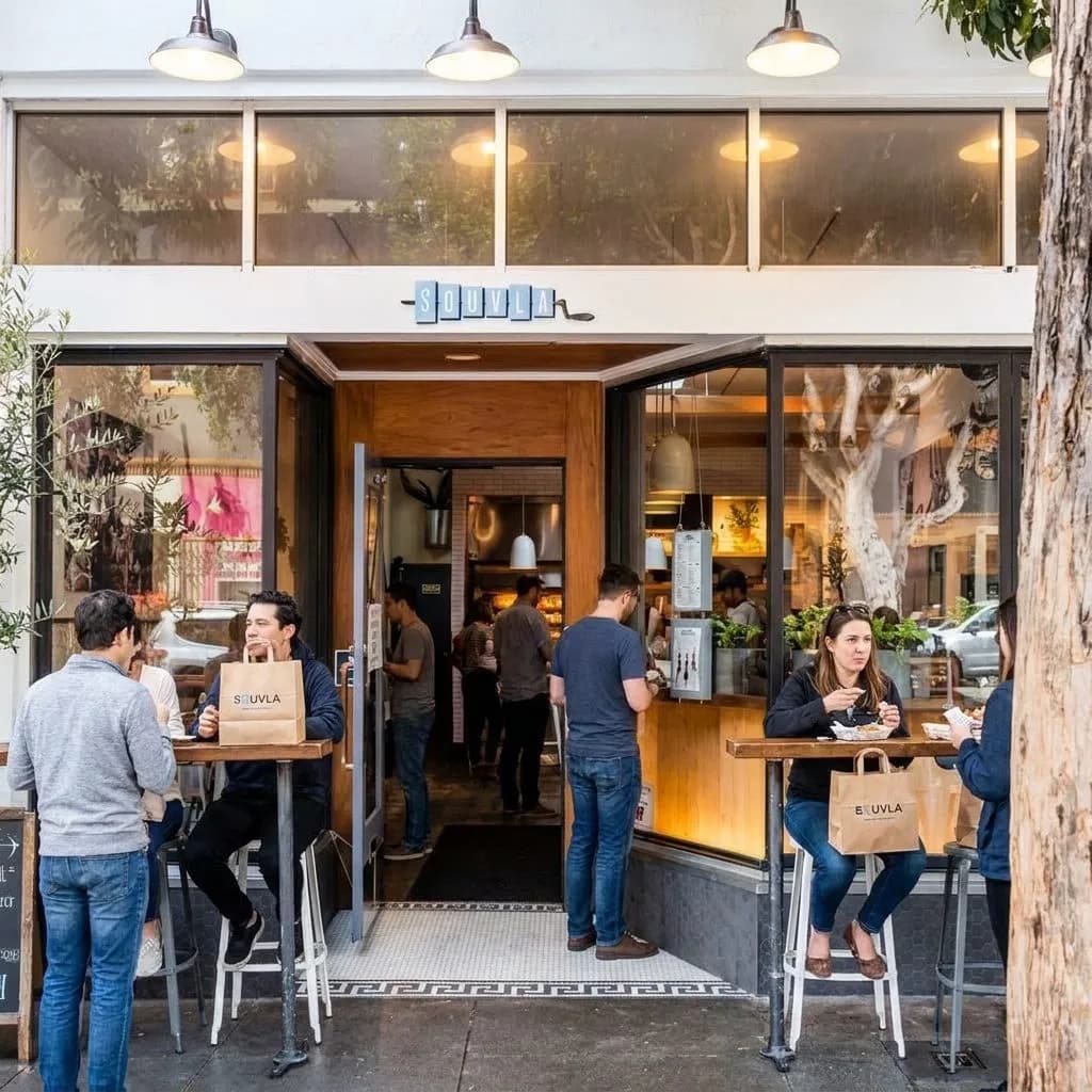 Fast-casual Mediterranean storefront with people ordering and carrying takeout in San Francisco.