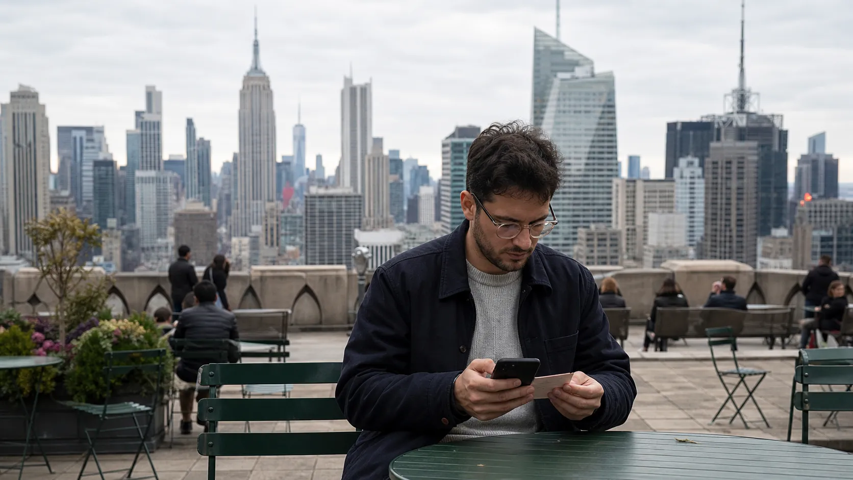 A person in a New York City public plaza checks a phone while holding a small paper ticket.