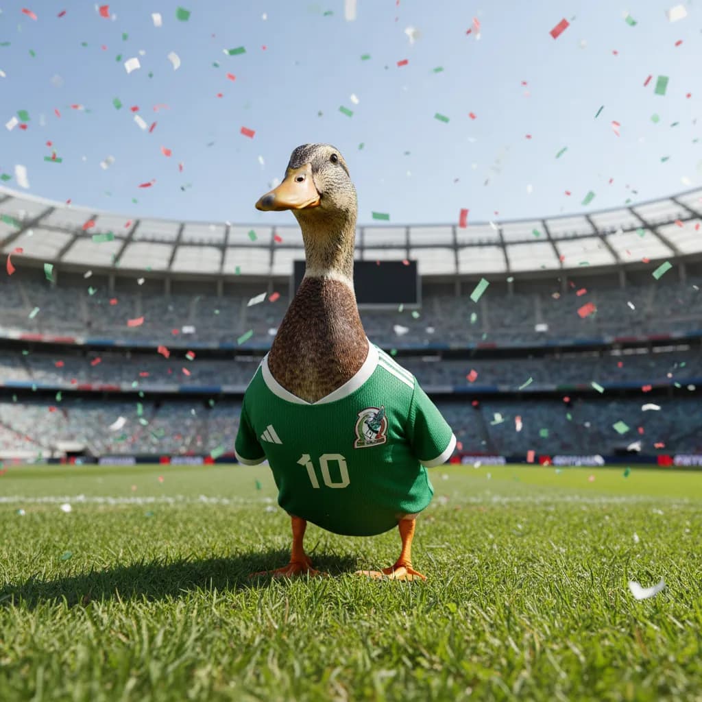 Merlin the duck wearing a tiny green Mexico jersey near a World Cup 2026 stadium