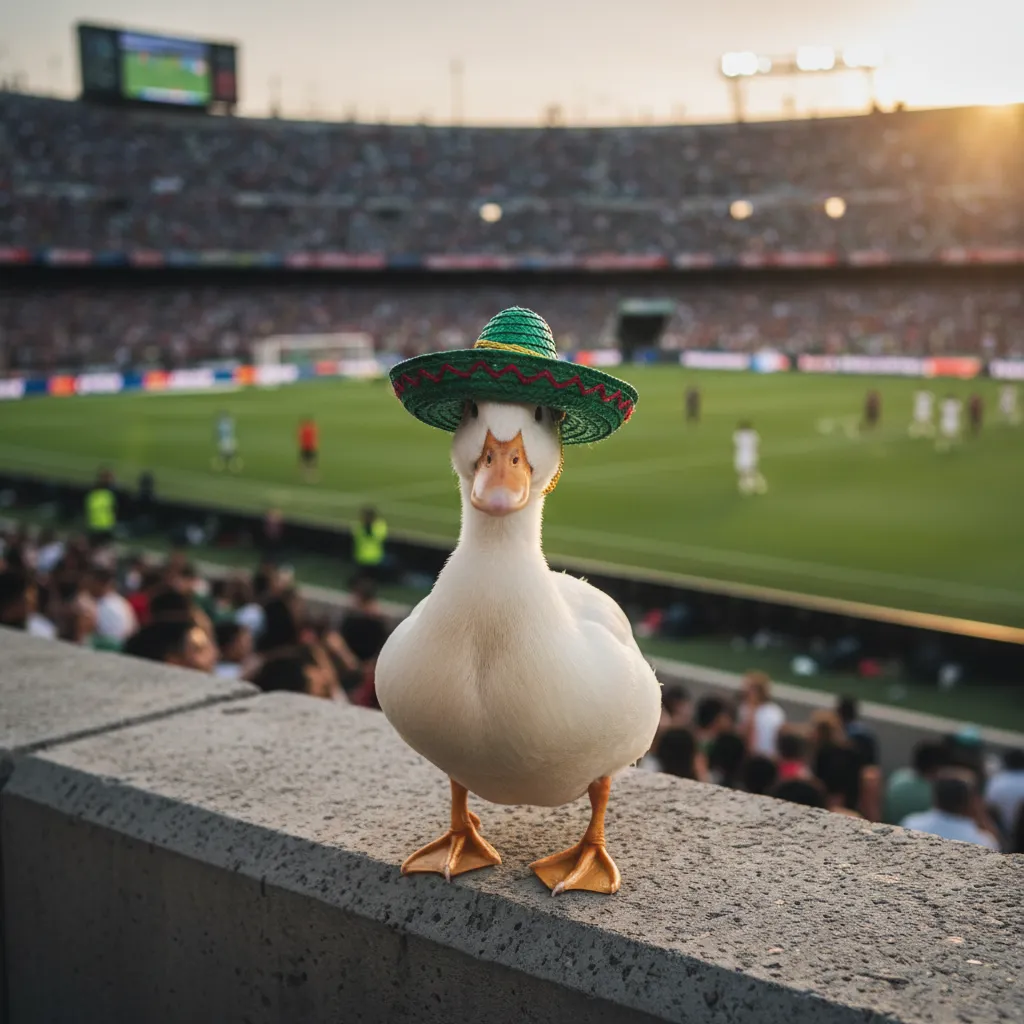 A small white duck wearing a tiny green sombrero stands on a stadium wall with crowds behind
