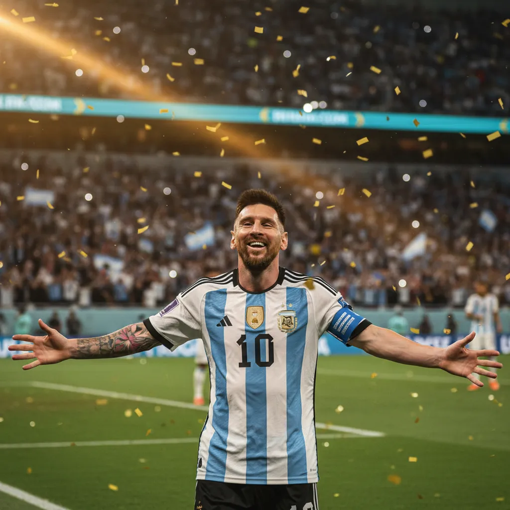 Messi celebrating his record 18th World Cup goal in Argentina jersey under stadium lights