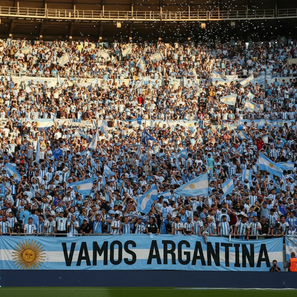 Messi celebrating his record 18th World Cup goal in Argentina jersey under stadium lights