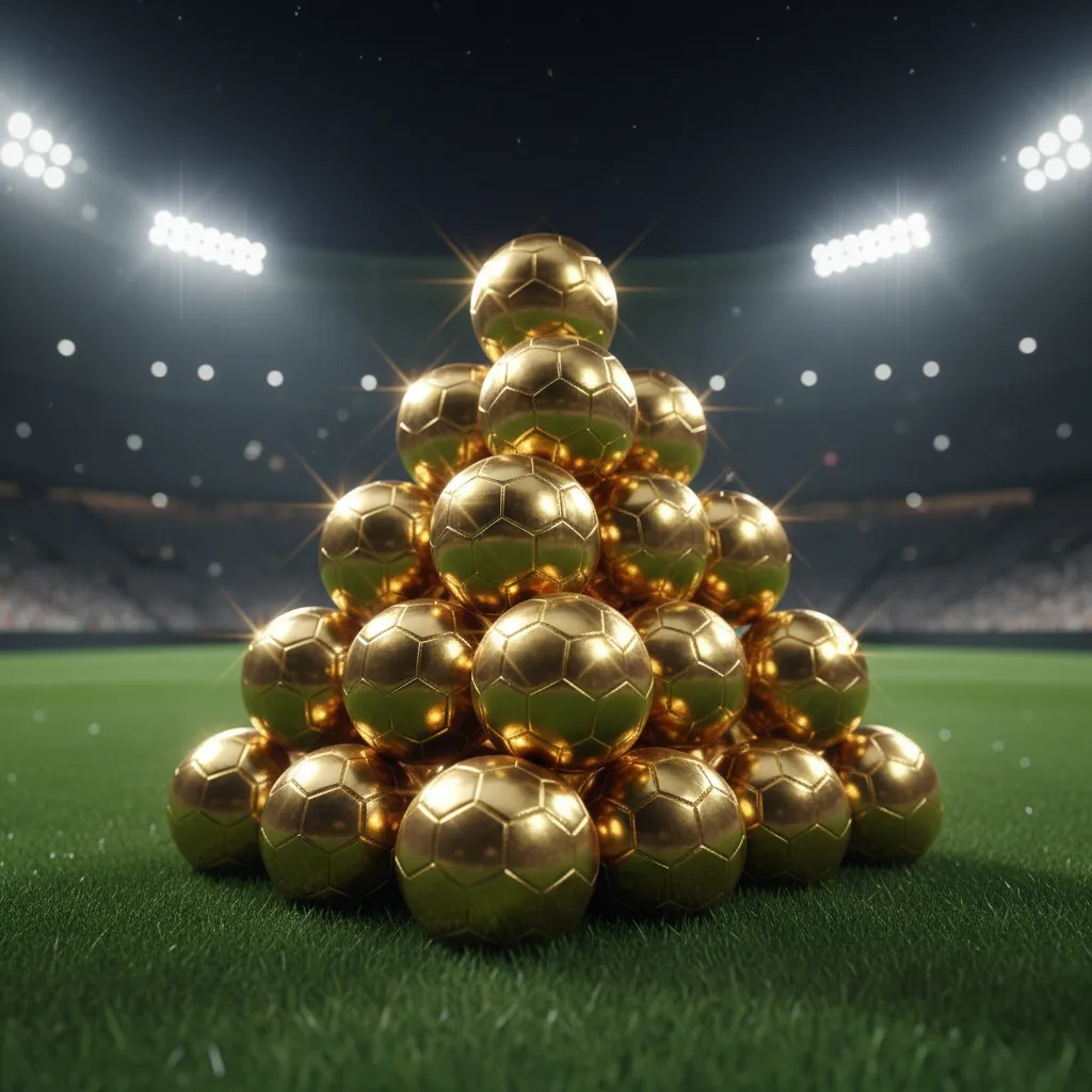21 golden soccer balls form a pyramid on the pitch