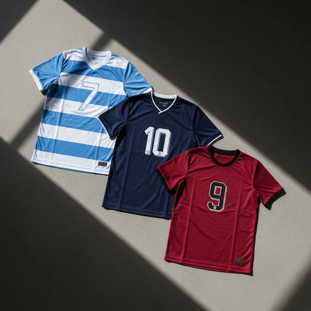 Three colored jerseys laid flat on concrete in dramatic lighting