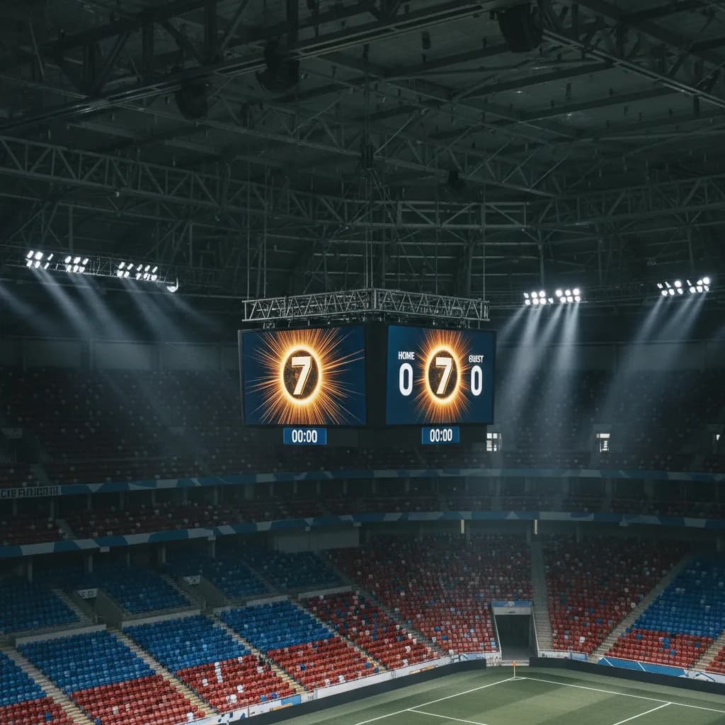 Stadium scoreboard showing the number 7 representing Messi's consecutive scoring streak