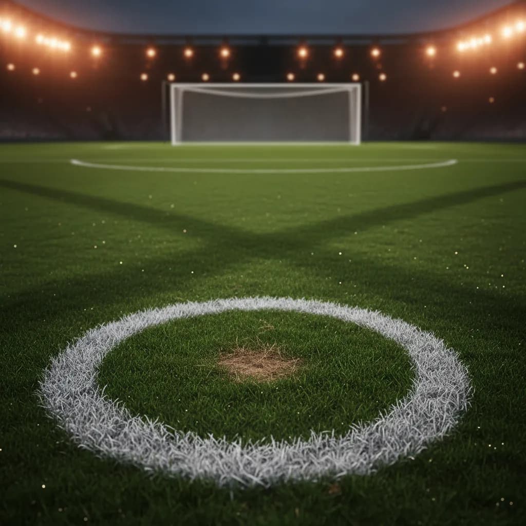 The penalty spot on a World Cup pitch with scuff marks and the goal in soft focus behind