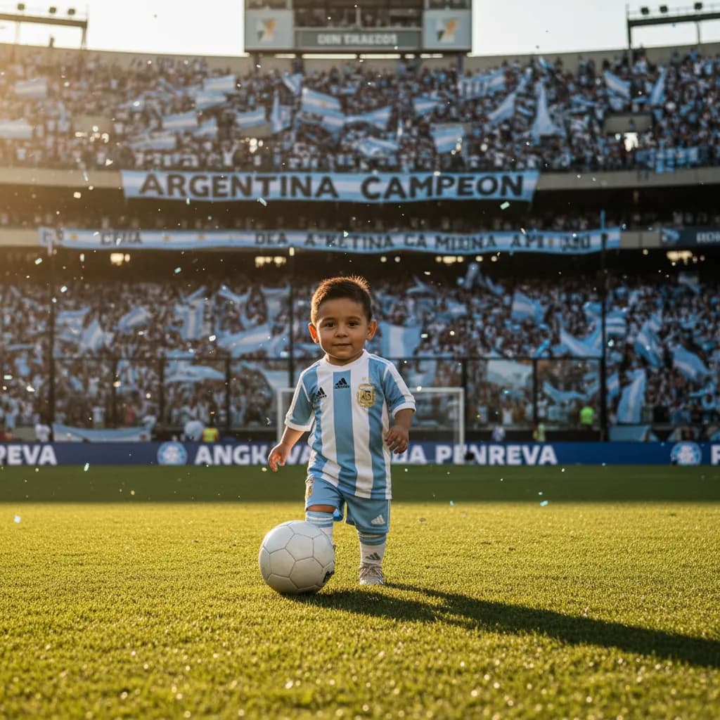 Argentine maestro in blue-and-white settling the ball at golden hour