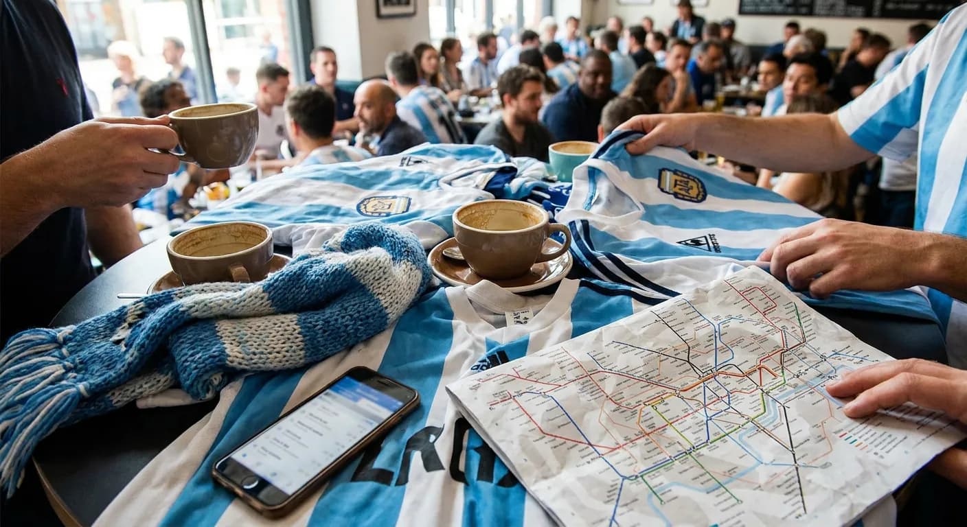 Argentina fans in blue and white celebrating Messi hat-trick buzz in Kansas City during World Cup 2026