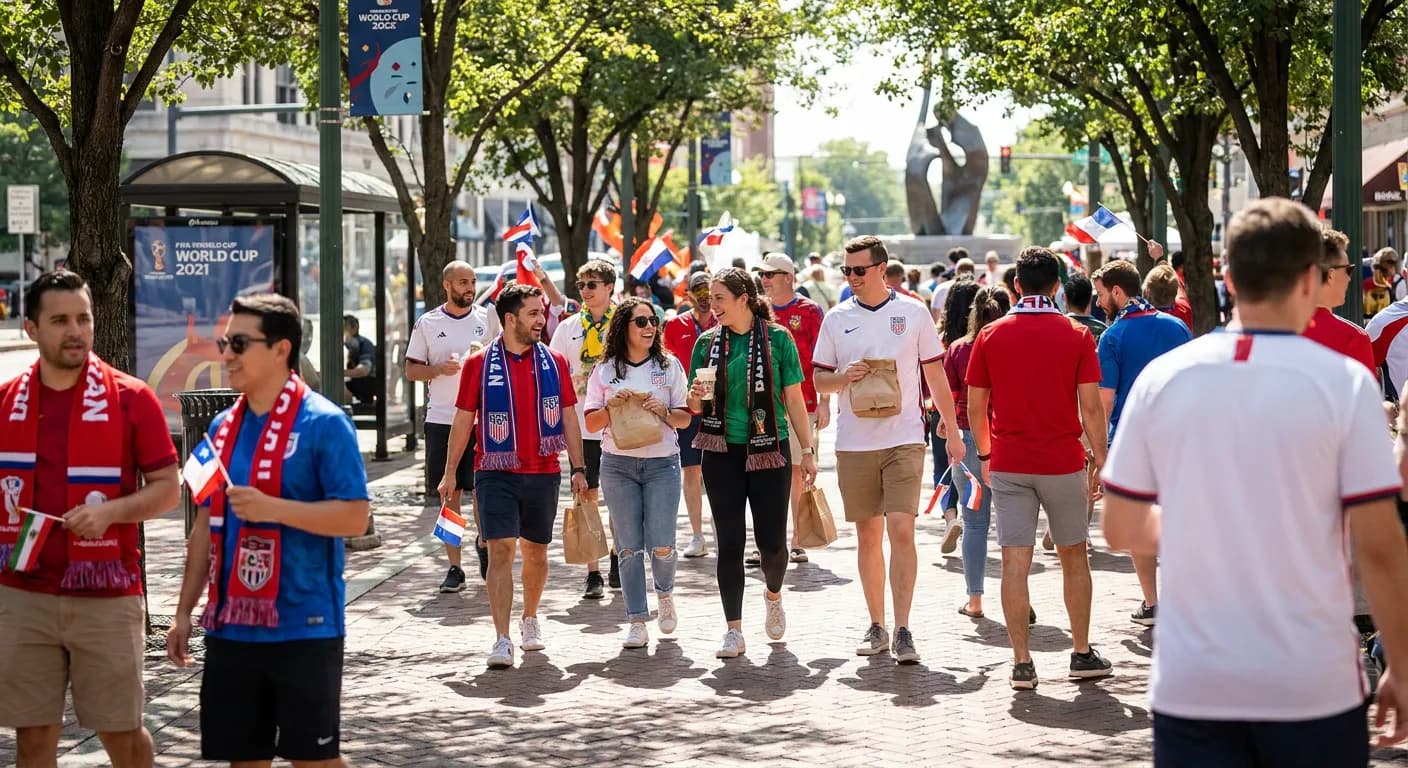 Kansas City World Cup fan route details with Argentina jersey colors, streetcar movement, and public gathering energy