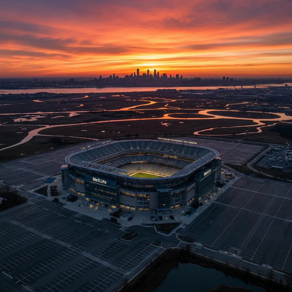MetLife Stadium from the air at dusk with the New York City skyline visible across the river